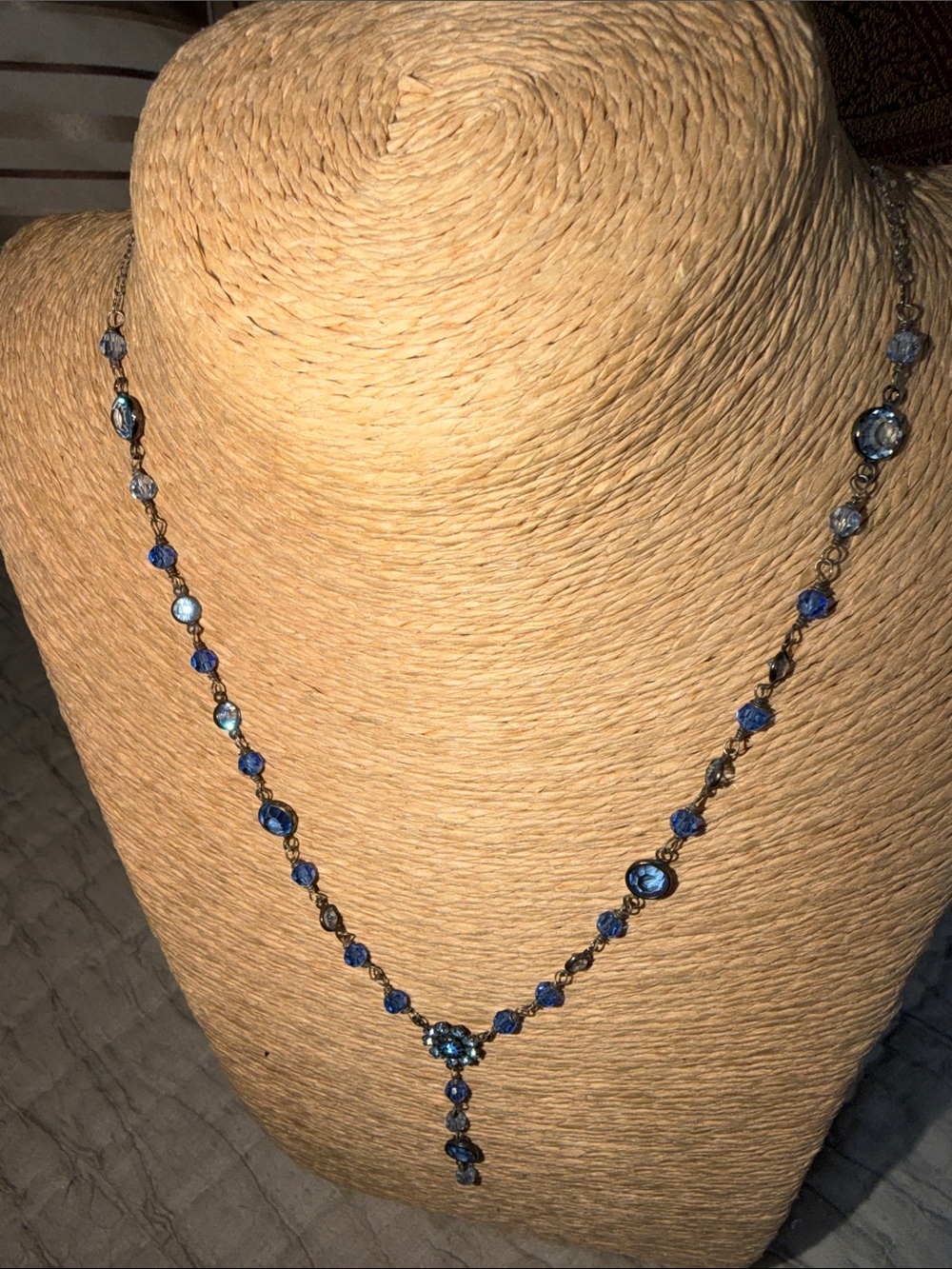 Crystal necklace blue ice cobalt floral center sterling silver oxidized - Picture 5 of 11